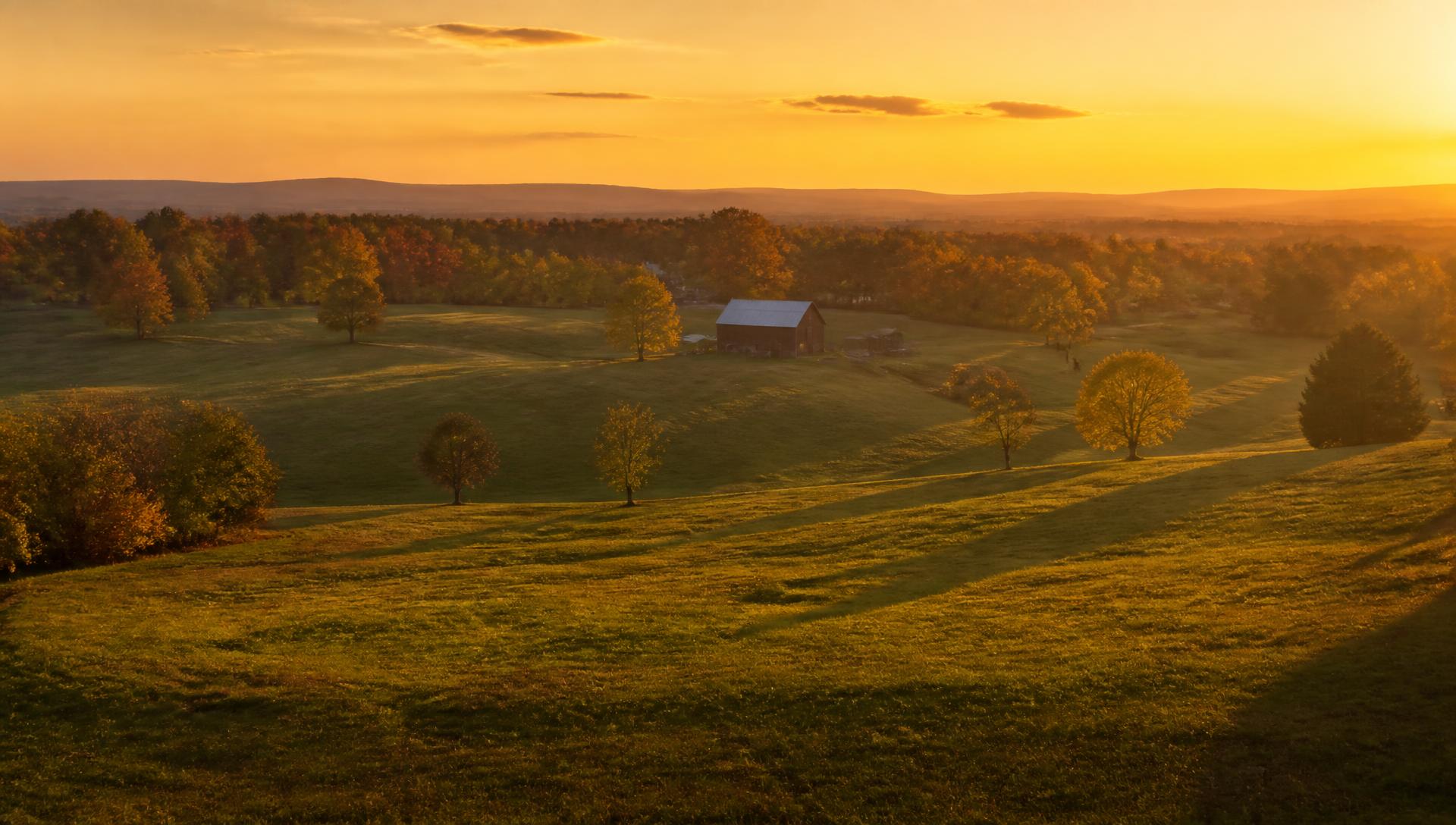 Rolling rural farmland at golden hour